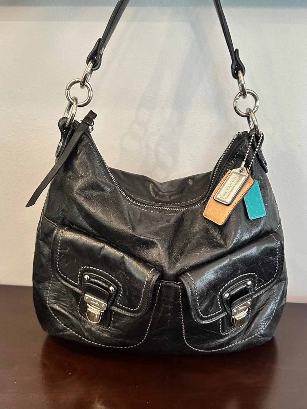Y2K Coach Distressed Leather Double Pockets Limited Edition Shoulder Bag 19768